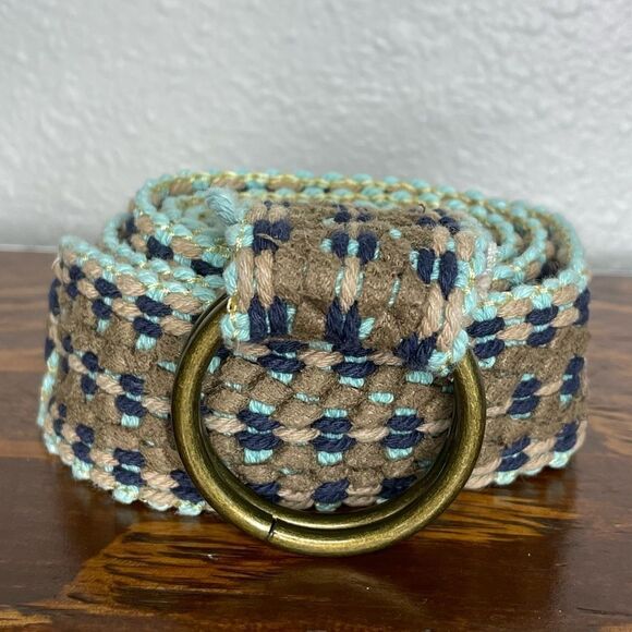 Woven Braided Aqua Tan Cream Belt 47” End to End With Circle Metal Ring Buckle - Picture 1 of 9